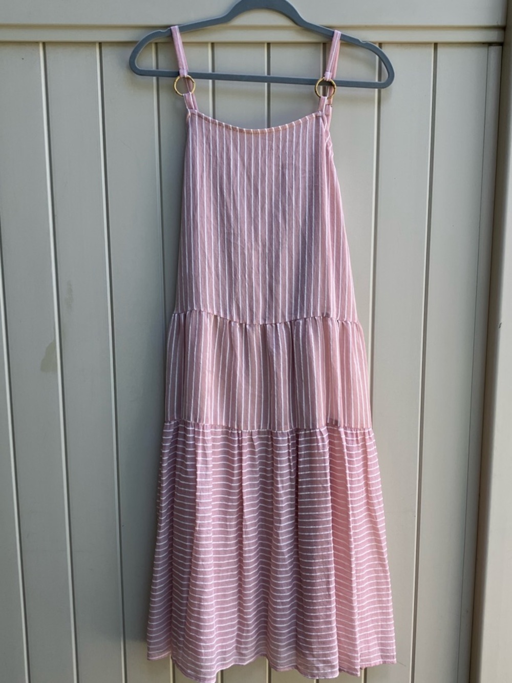 Pink striped midi sundress garden modest relaxed large tiered apron jumper NWT